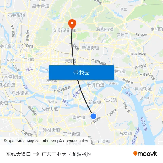 东线大道口 to 广东工业大学龙洞校区 map