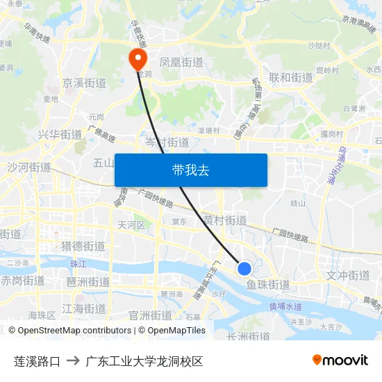 莲溪路口 to 广东工业大学龙洞校区 map