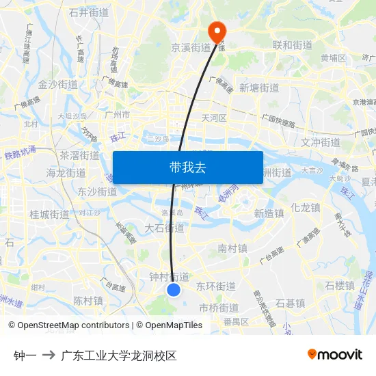 钟一 to 广东工业大学龙洞校区 map