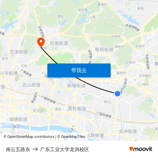 南云五路东 to 广东工业大学龙洞校区 map