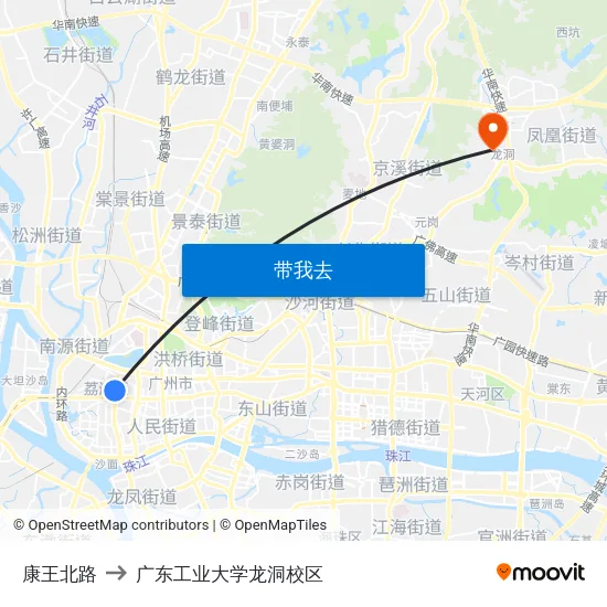 康王北路 to 广东工业大学龙洞校区 map