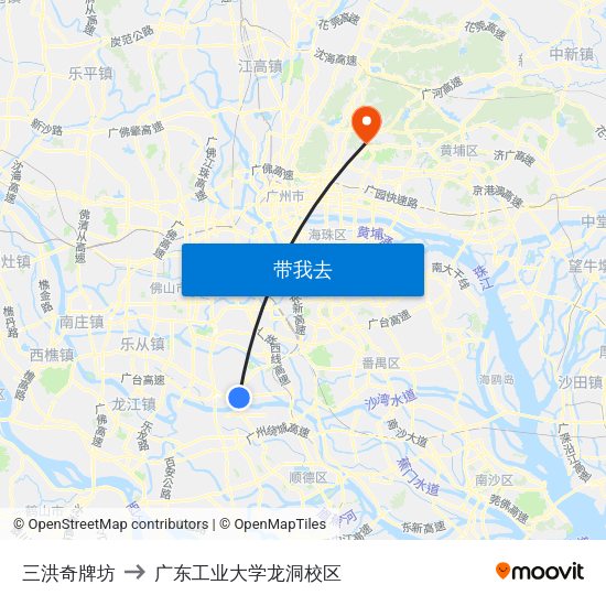 三洪奇牌坊 to 广东工业大学龙洞校区 map