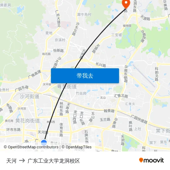 天河 to 广东工业大学龙洞校区 map