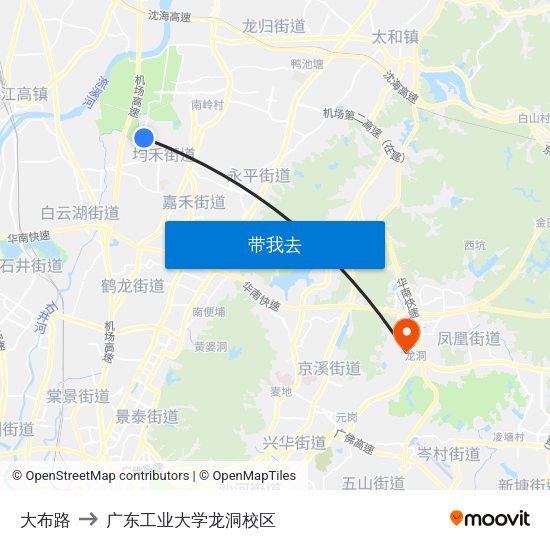 大布路 to 广东工业大学龙洞校区 map