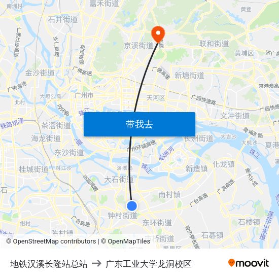 地铁汉溪长隆站总站 to 广东工业大学龙洞校区 map