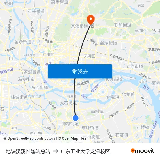 地铁汉溪长隆站总站 to 广东工业大学龙洞校区 map