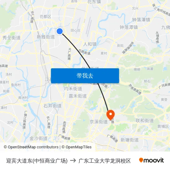 迎宾大道东(中恒商业广场) to 广东工业大学龙洞校区 map