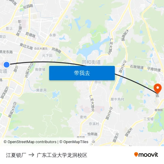 江夏锁厂 to 广东工业大学龙洞校区 map