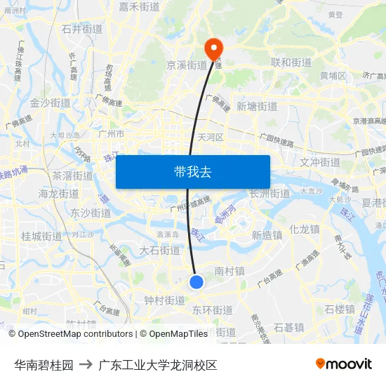 华南碧桂园 to 广东工业大学龙洞校区 map