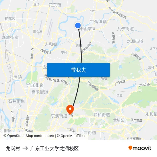 龙岗村 to 广东工业大学龙洞校区 map