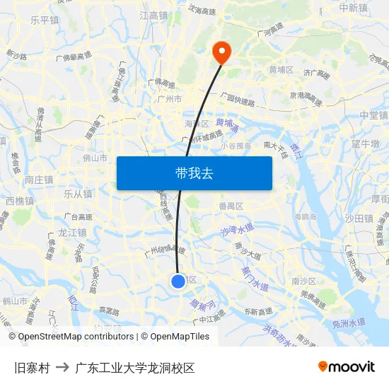 旧寨村 to 广东工业大学龙洞校区 map