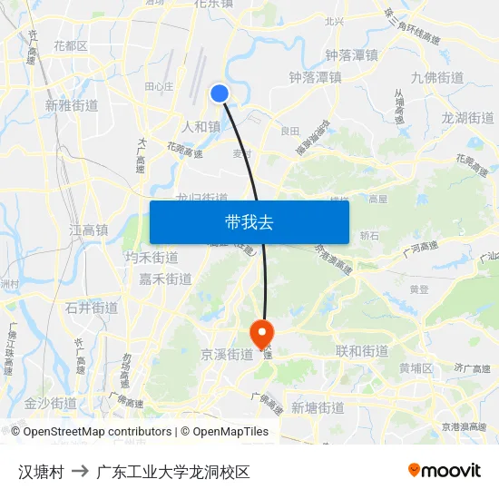 汉塘村 to 广东工业大学龙洞校区 map