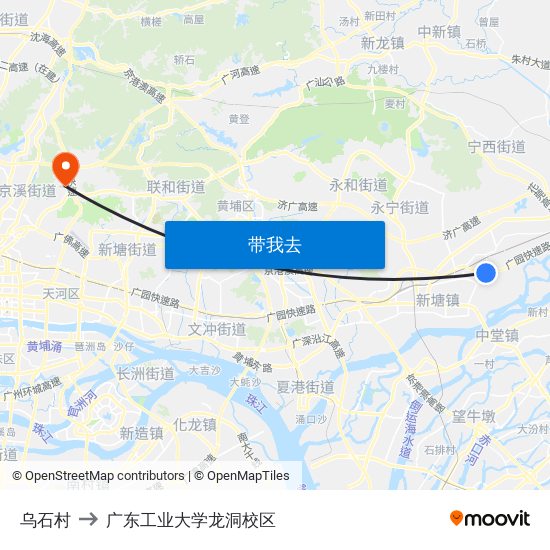 乌石村 to 广东工业大学龙洞校区 map