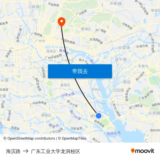 海滨路 to 广东工业大学龙洞校区 map