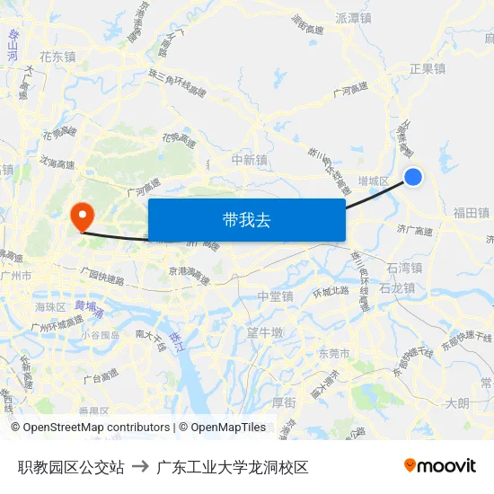 职教园区公交站 to 广东工业大学龙洞校区 map