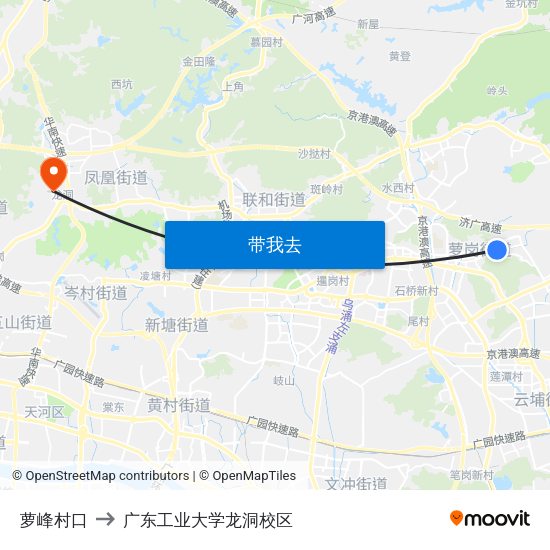 萝峰村口 to 广东工业大学龙洞校区 map