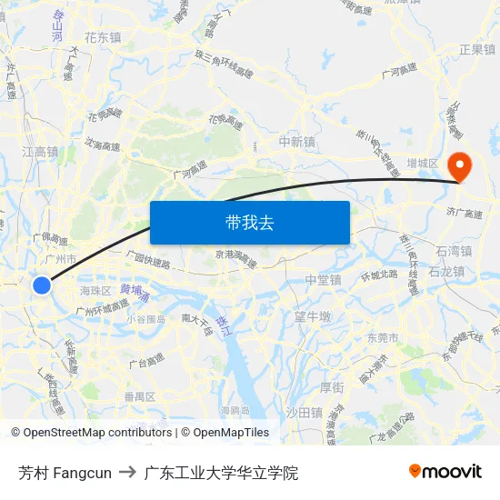 芳村 Fangcun to 广东工业大学华立学院 map