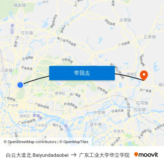 白云大道北 Baiyundadaobei to 广东工业大学华立学院 map