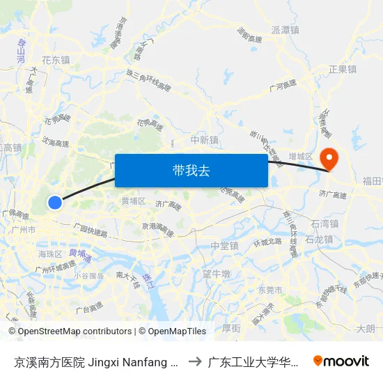 京溪南方医院 Jingxi Nanfang Hospital to 广东工业大学华立学院 map