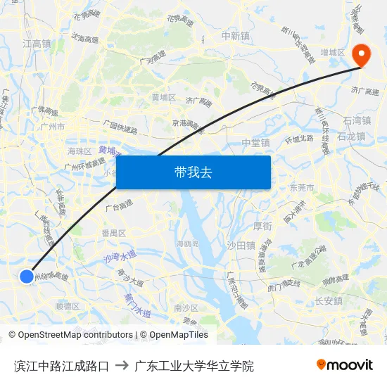 滨江中路江成路口 to 广东工业大学华立学院 map