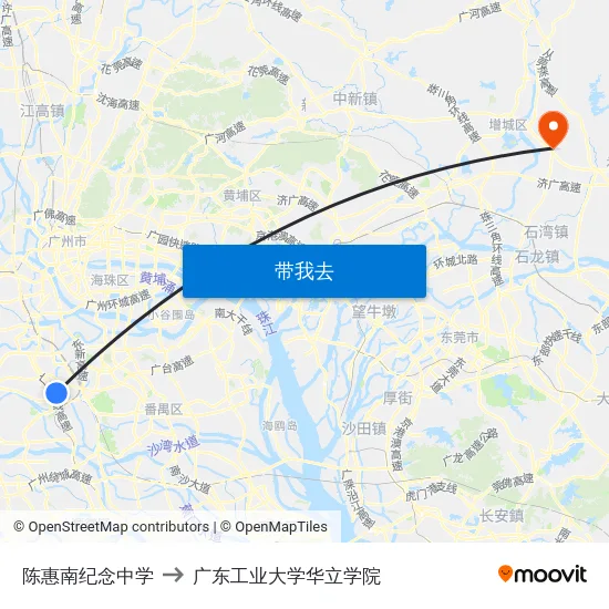 陈惠南纪念中学 to 广东工业大学华立学院 map