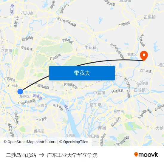 二沙岛西总站 to 广东工业大学华立学院 map