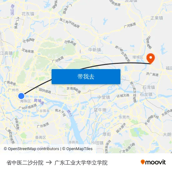 省中医二沙分院 to 广东工业大学华立学院 map