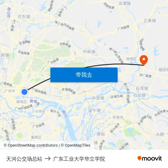 天河公交场总站 to 广东工业大学华立学院 map