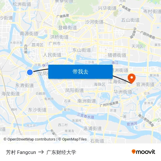 芳村 Fangcun to 广东财经大学 map