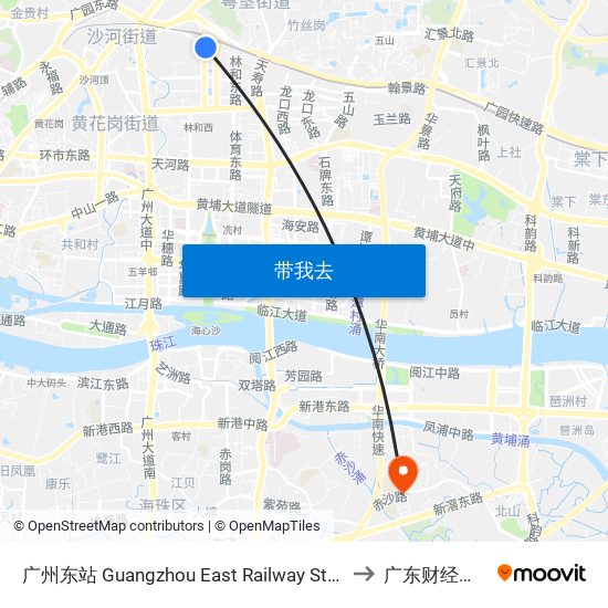 广州东站 Guangzhou East Railway Station to 广东财经大学 map