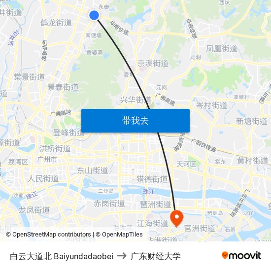 白云大道北 Baiyundadaobei to 广东财经大学 map