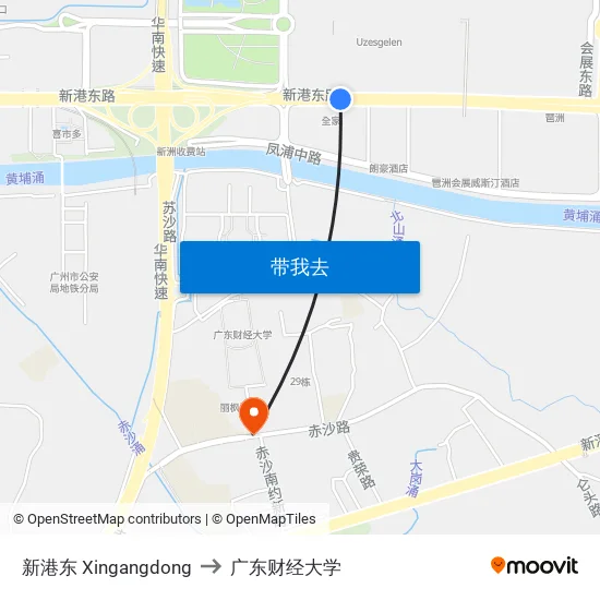 新港东 Xingangdong to 广东财经大学 map