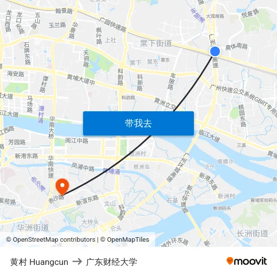 黄村 Huangcun to 广东财经大学 map