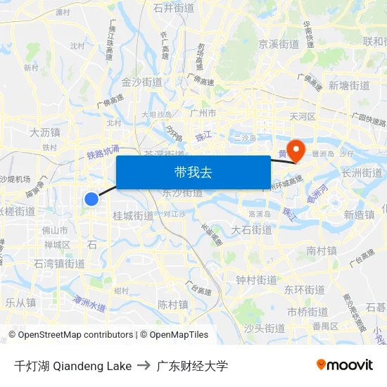 千灯湖 Qiandeng Lake to 广东财经大学 map
