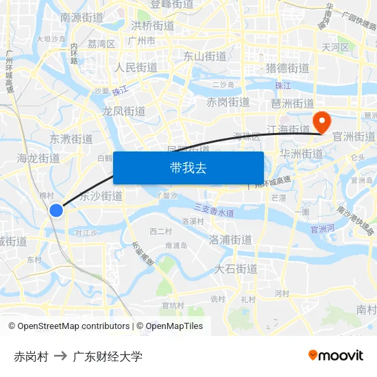 赤岗村 to 广东财经大学 map