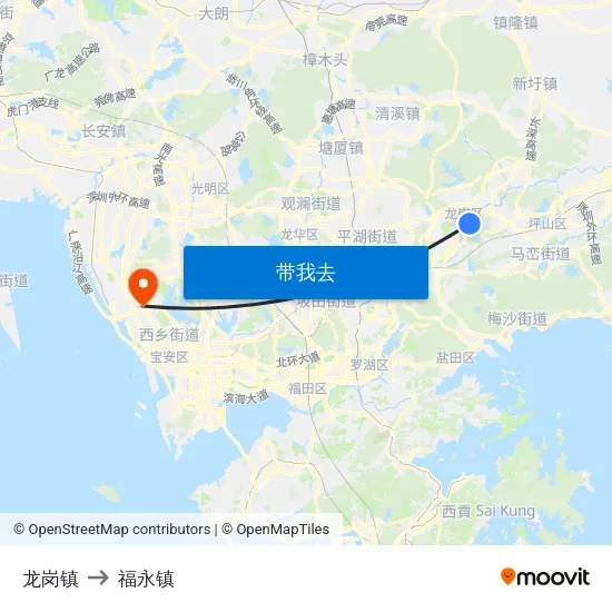 龙岗镇 to 福永镇 map