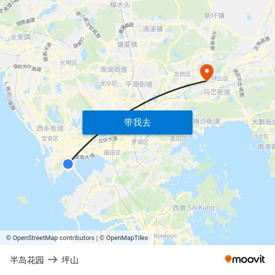 半岛花园 to 坪山 map