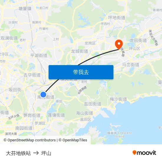 大芬地铁站 to 坪山 map