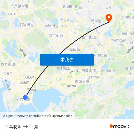 半岛花园 to 平湖 map