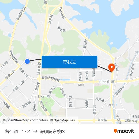 留仙洞工业区 to 深职院东校区 map