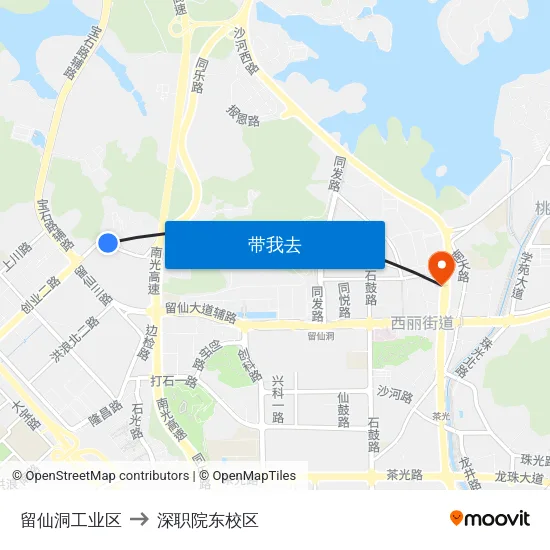 留仙洞工业区 to 深职院东校区 map