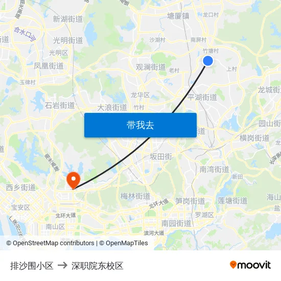 排沙围小区 to 深职院东校区 map