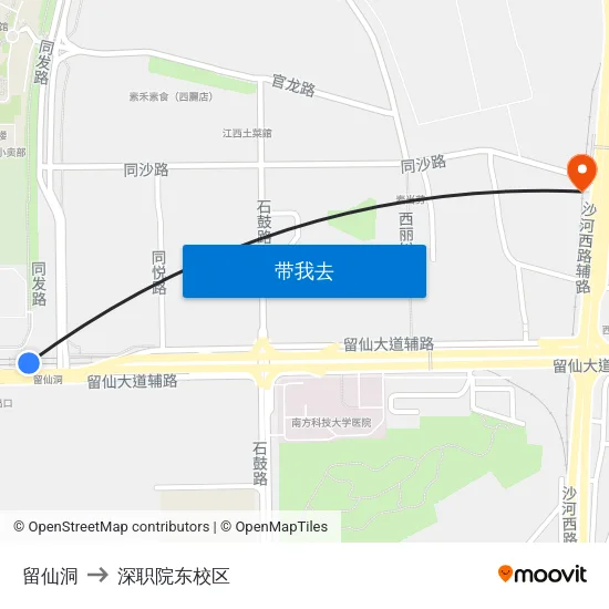 留仙洞 to 深职院东校区 map