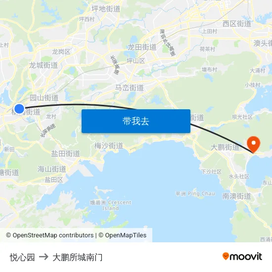 悦心园 to 大鹏所城南门 map