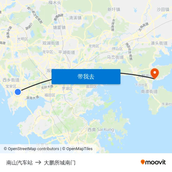 南山汽车站 to 大鹏所城南门 map