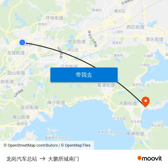 龙岗汽车总站 to 大鹏所城南门 map