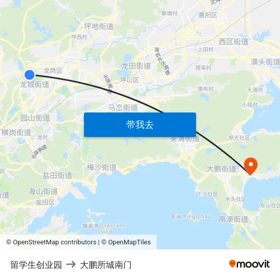 留学生创业园 to 大鹏所城南门 map