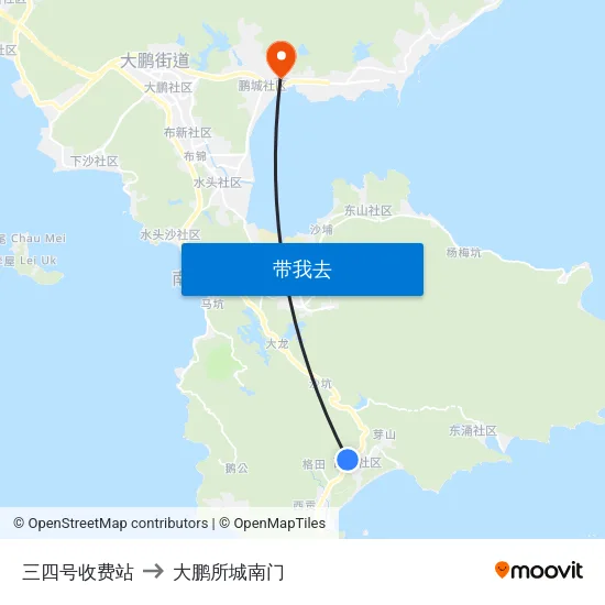 三四号收费站 to 大鹏所城南门 map