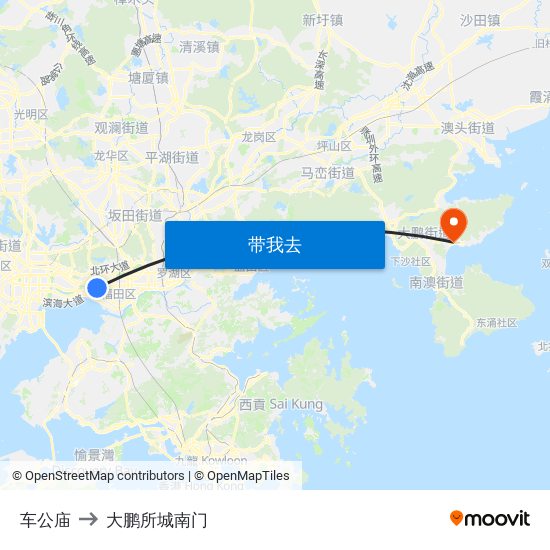 车公庙 to 大鹏所城南门 map