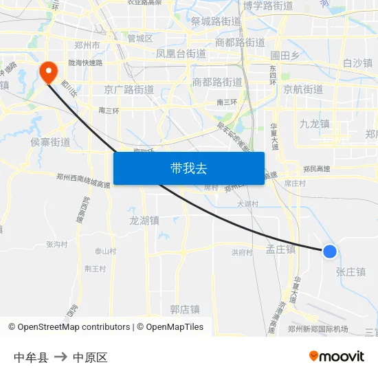 中牟县 to 中原区 map